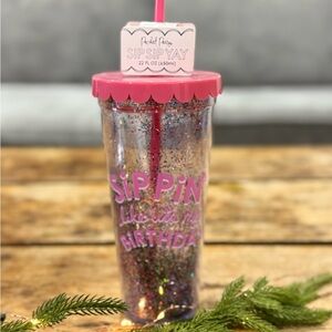Pink Glitter Birthday Tumbler with Straw NWT